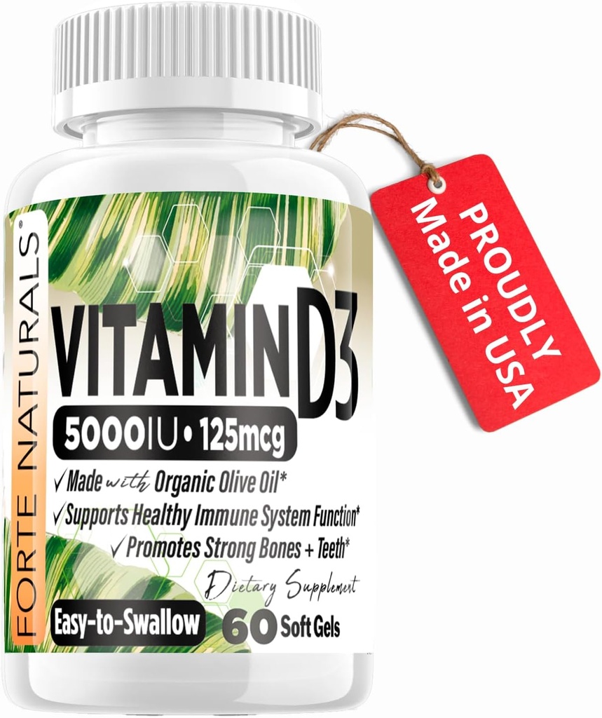 Vitamina D3 5000 UI Suplemento 125 mcg Gels blandos Especialmente para estómagos sensibles Suplementos con aceite de oliva orgánico Mejor vitamina D3 Suplemento para hombres y mujeres hechos en EE.UU.