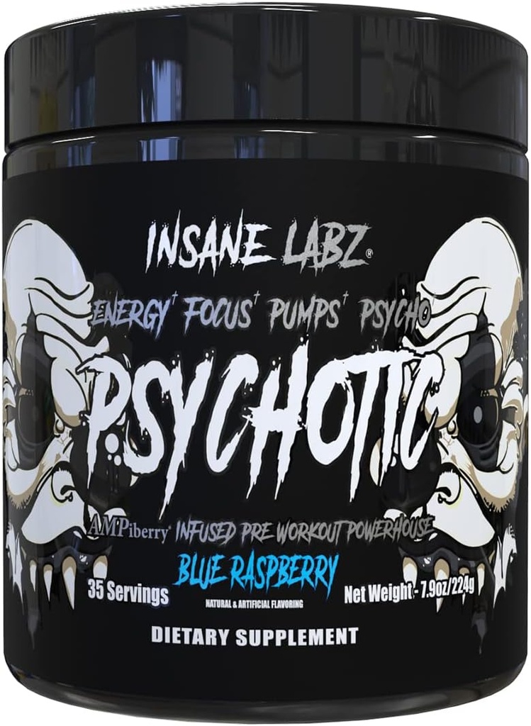 Insane Labz Psychotic Black Edition Mid Stimulant Pre Workout Powder, Energy Focus Pumps, Cargado con Creatine Beta Alanine Taurine Fueled por AMPiberry, 35 Servings (Blue Raspberry)