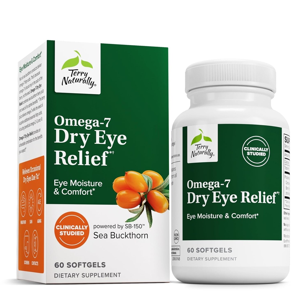 Terry Naturally Omega-7 Dry Eye Relief - Eye Health Supplement with Sea Buckthorn Oil - Dietary Supplement to Aid Dry Eye Relief - 60 Softgels