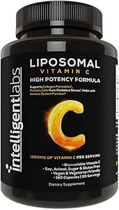 Laboratorios Inteligentes Liposomal Vitamina C 1000mg, 180 Veggie Capsules, Bioavailable, Energía &amp; Apoyo Inmunitario, Suplemento Antioxidante con aceite MCT y Lecitina de girasol, suministro de 90 días