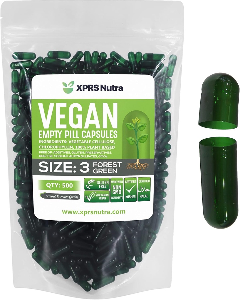 XPRS Nutra Size 3 Empty Capsules - 500 Conteo Empty Vegan Capsules - Vegetarian Empty Pill - DIY Vegetable Capsule Filling - Veggie Pill Caps (Forest Green)