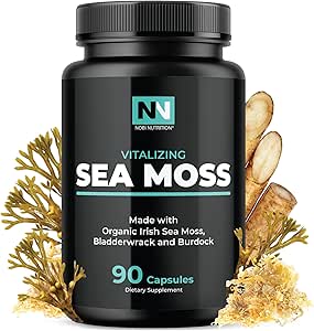 Irlandés Moss Capsules Silencio con Orgánica Irlandesa Moss, 300mg Burdock Root & 500mg Bladderwrack Powder ← 45-Day Supply ← Complejo 1300mg ← Proporciona Iodo para Tiroides &amp; Immune Support ← 90 Veggie Pills