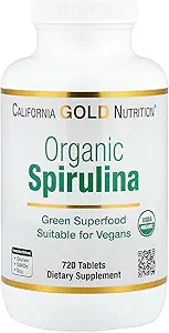 California Gold Nutrition Certified Organic Spirulina, USP Verified, USDA Organic, Non-GMO, 500 mg, 720 tabletas vegetarianas