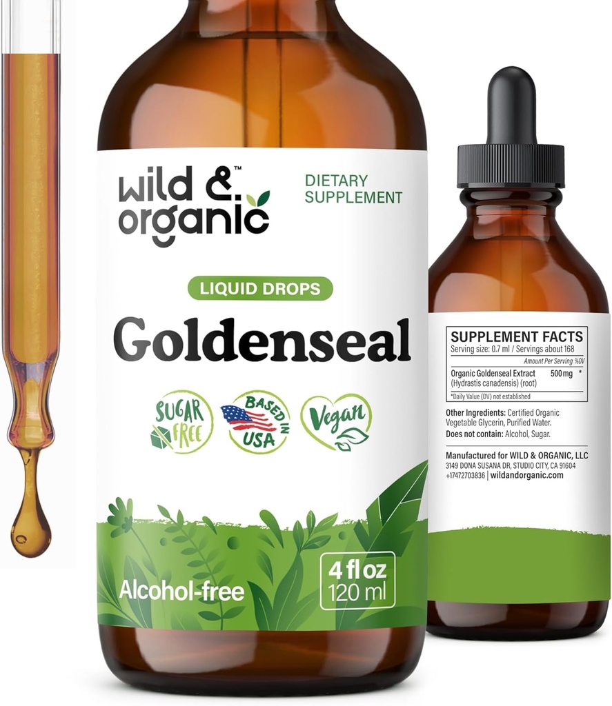 Tintura de Goldenseal Salvaje y Orgánica - Soporte Digestivo Pulido - Goldenseal Root Extract Liquid Drops - Vegan, Azúcar &amp; Alcohol-Free Herb Suplemento - 4 fl oz
