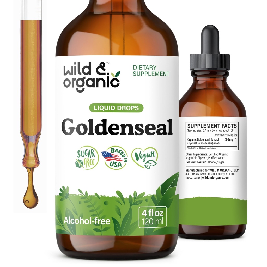 Wild & Organic Goldenseal Tincture - Lung & Digestive Support - Goldenseal Root Extract Liquid Drops - Vegan, Sugar & Alcohol-Free Herb Supplement - 4 fl oz