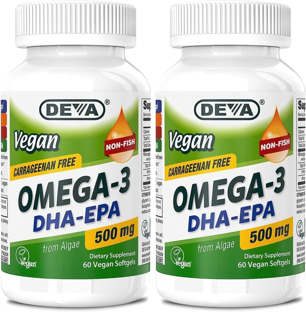DEVA Vegan Omega-3 DHA-EPA 500MG 2-Pack – No Carrageenan, Non-Fish Oil Derived from Algae, Non-GMO, 60 Gelatin-Free Softgels Ea