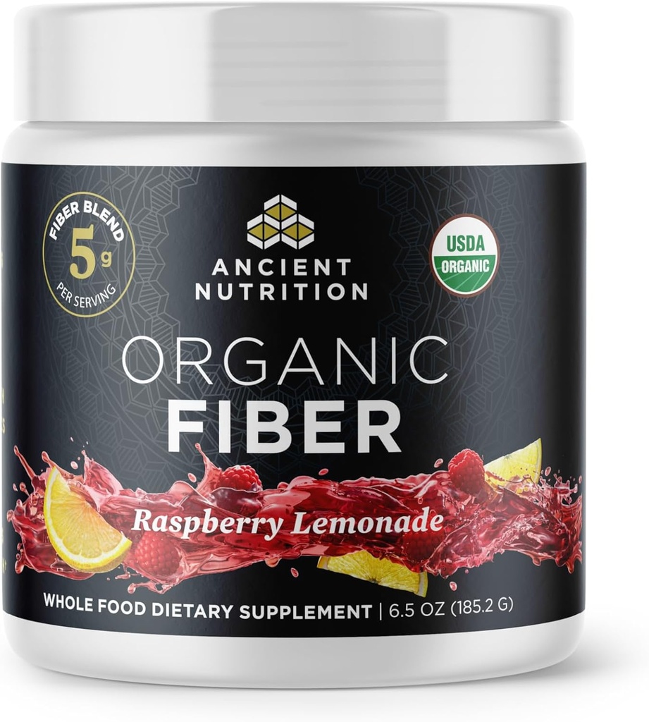 Nutrición antigua Polvo de fibra orgánica, limonada de frambuesa, fibra soluble de Acacia & Konjac Root, soporta la salud digestiva, reduce el rubor, 6,5 oz