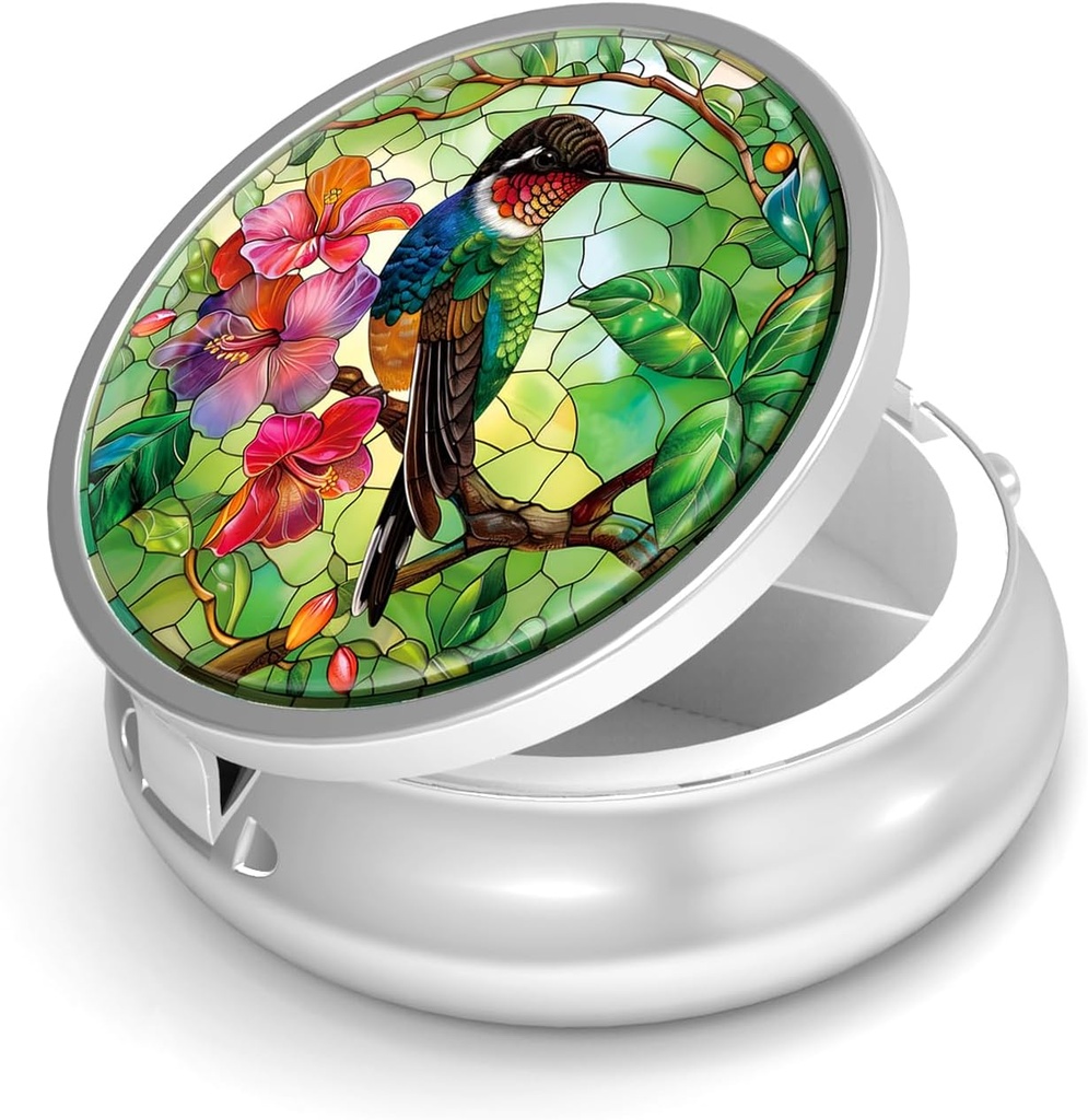 Pill Box-3 Compartment Small Pill Case for Purse &amp; Pocket Mini Metal Pill Holder Travel Pill Container to Hold Supplements Vitamins BPA-Free (Hummingbird)