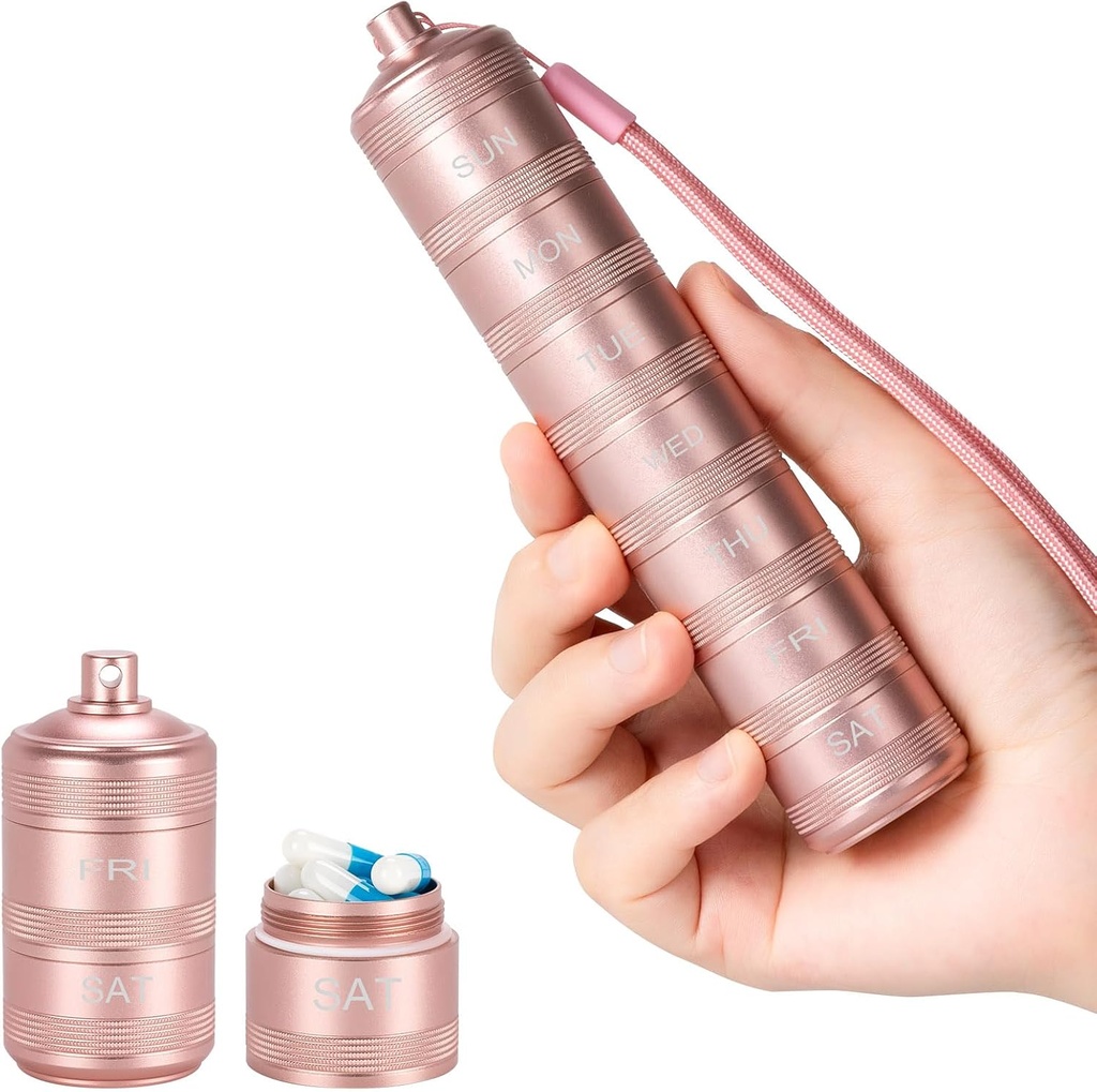 Portable Metal Pill Medicine Organizer - Waterproof Pill Case Compact Travel Pill Box Weekly Aluminum Alloy Container, 7 Day Daily Pill Organizer Holder for Small Pills, Pink S