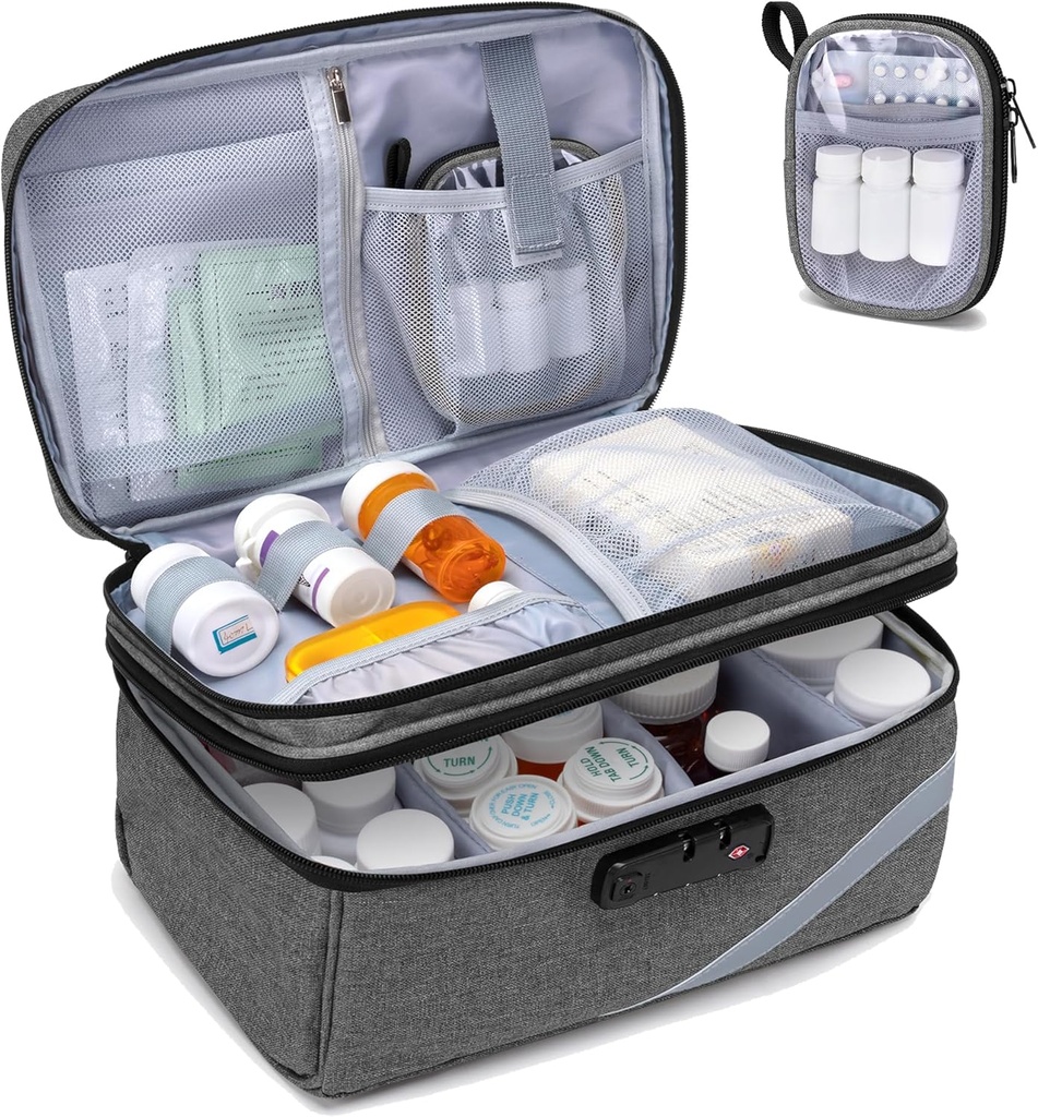 Trunab Bolsa de almacenamiento de medicamentos con cerradura de combinación, organizador de botellas cerrables, caja de carga de medicamentos de viaje para caja de medicina, receta, vitaminas, suplementos o suministros médicos