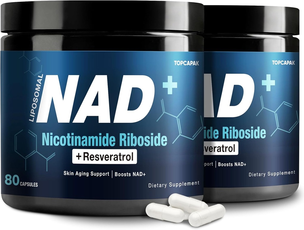 NAD+ Suplemento 1000mg - Nicotinamide Riboside (NR) y Resveratrol, Liposomal NAD of Pure Organic Ingredients for Women &amp; Men Healthy Aging, Brain and Cellular Energy, 80 Capsules(2Pcs)