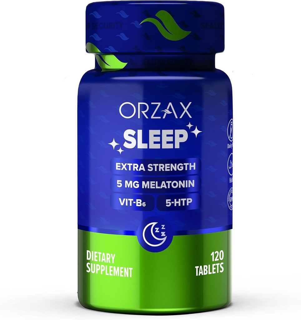 ORZAX Dormir - Melatonina 5 mg, Vitamina B6 &amp; 5-HTP Suplemento - Vitaminas de sueño reparables para adultos (120 Tabletas)