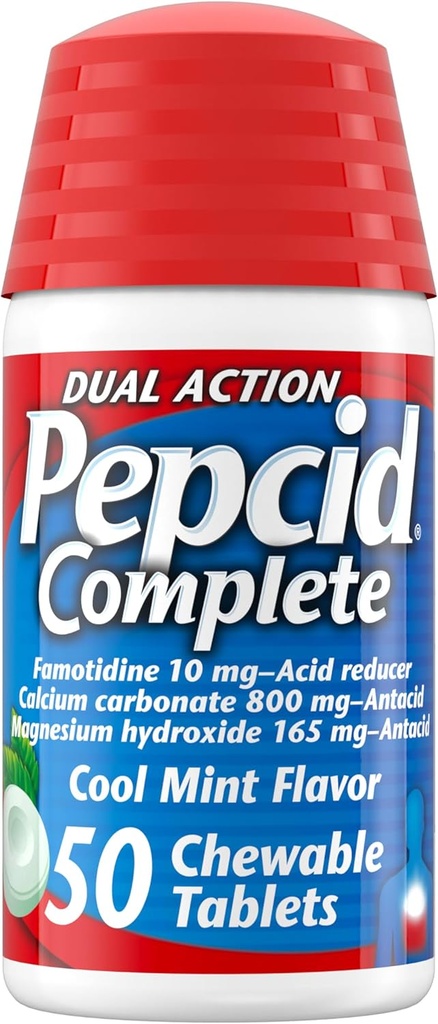 Pepcid Reductor completo de ácido + antiácido para reflujo ácido, 10 mg de Famotidina, 800 mg de carbonato de calcio & 165 mg Hidroxido de magnesio por tableta de medicina de acidez cardíaca, cerdas de ácido, menta, 50 ct