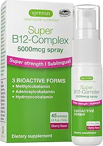 Igennus Triple Vitamina B12 Complejo 5000mcg, Liquid Sublingual Spray, 45 Servings, Metilcobalamina metillaminada, Adenosylcobalamin & Hydroxocobalamin, High Strength &amp; Clean, Natural Cherry Flavor, Vegan