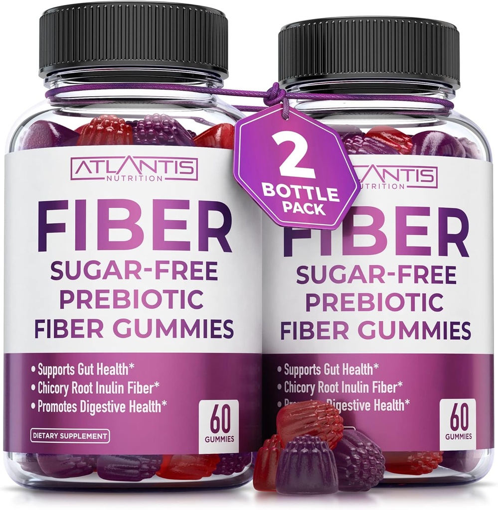 Atlantis Nutrición Azúcar Mangas de fibra gratuitas para adultos - 5G Fiber Suplemento Formulado con 5.4G Prebiotic Digestive Blend - Supports Gut Health &amp; Promotes Healthy Digestion - 2-Pack 120 Gummies