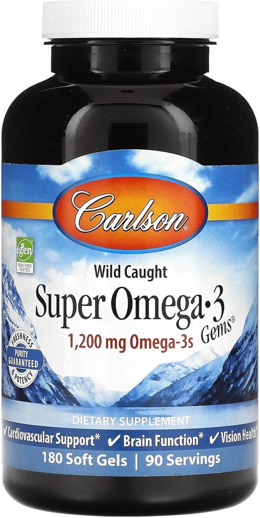 Carlson - Super Omega-3 Gems, 1200 mg Omega-3, soporte cardiovascular, función cerebral " Visión Salud, 180 geles blandos