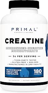 Monohidrato de crema Primal (3.000 Mg, 180 caps) - Suplemento de crema micronizada, 750mg por cápsula, ideal para el trabajo previo y la recuperación - Gluten-Free, non-GMO