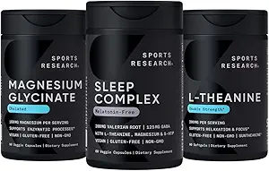 Sports Research Double Strength L-Theanine Supplement Softgels for Focus &amp; Relax, Magnesium Glycinate for Restful Sleep & Enzymatic Processes + Sleep Complex Melatonin-Free Vegan Capsules