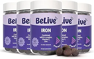 BeLive Iron Gummies - Suplemento multivitamínico con vitamina C, A, B & Zinc, apoya el oxígeno de la sangre, suplementos veganos para mujeres, hombres y niños para el crecimiento y el desarrollo - Grape Flavor TEN 5-Pack