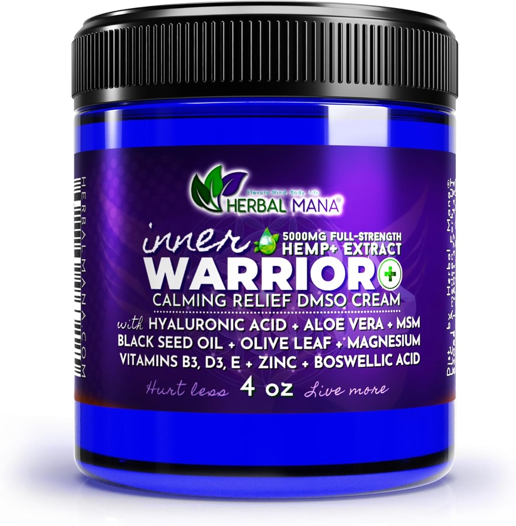 Herbal Mana Inner Warrior Cream, 5000mg Hemp, 99.9% Pure DMSO, Nerve Calming, Muscle Relief - Organic Magnesium, MSM, Lavender & Rose Oil