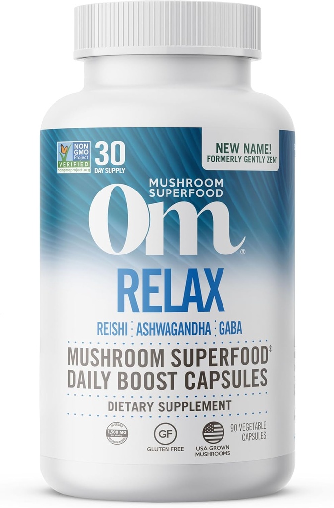 OM MUSHROOM SUPERFOOD Relax Mushroom Capsules, 90 Cuenta, 30 Días, Reishi Mushrooms, Ashwagandha, GABA, L-Theanine, Magnesium, Adaptogens for Stress Support (Formerly Gently Zen, Packaging May Vary)