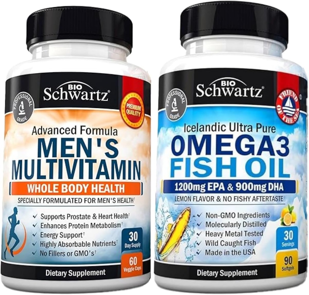Multivitamina de hombres avanzados diarios con vitamina C A B D3 E y Zinc (1 mes de suministro) más triple fuerza Omega 3 aceite de pescado Softgels (1 mes de suministro)