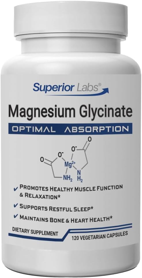 Laboratorios Superiores Magnesium Glycinate 1250 mg, Alta absorción, Pura no GMO, soporta la calidad de sueño, asas musculosos calambres, bonificación y salud cardíaca, 120 caps.