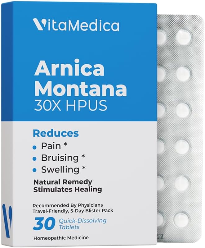 Arnica Montana 30X HPUS, Grado Clínico, Tabletas de Disuelve Rápida, Paquete de Recuperación de Cinco Días para Dolor y Alivio de Brujas Después de Cirugía o Lesiones, Sanación Natural, Gentle en el Stomach - 30 Conde
