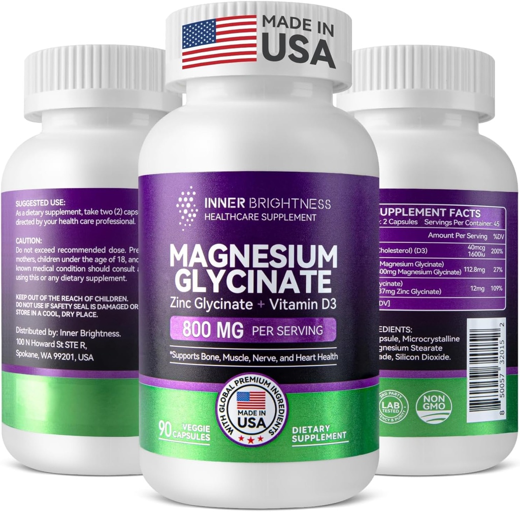 Magnesio Glycinate - Suplemento Magnesio con Zinc &amp; Vitamina D3 para Immune, Bone &amp; Muscle Support and Heart Health - Non-GMO, Gluten-Free, Gentle on Stomach - 90 Vegetarian Capsules