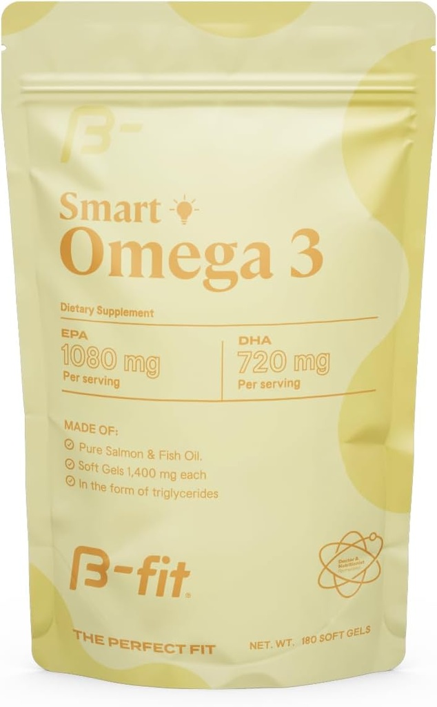 B-FIT Omega 3 Fish Oil - High Potency Patented Formula - 1800 mg with 1080 mg EPA & 720 mg DHA - 180 Odorless Softgels from Norwegian Salmon - 60-Day Supply - Heart, Brain & Joint Support