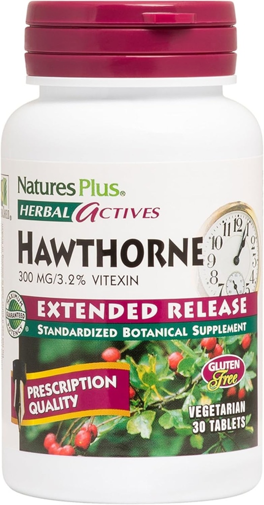 Naturalezas Más Activos Herbal Hawthorne - 300mg, 3.2% Vitexin, 30 Tablas Vegan - 30 Servimientos