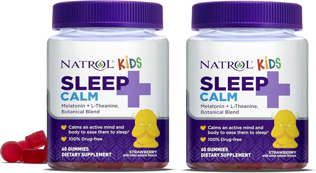 Natrol Kids Sleep+ Calm, Melatonin y L-Theanine, Sleep Aid Gummies with Botancial Blends, 100% Drug-Free, 60 Count (Pack of 2)