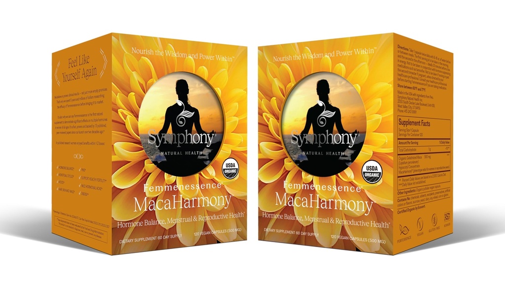 Femmenessence® MacaHarmony® – Soporte de Equilibrio de Hormonas Estudiados Clínicamente para la Salud Menstrual, Alivio PMS, Mood, Skin & Fertility (240 cápsulas, 120 Day Supply)