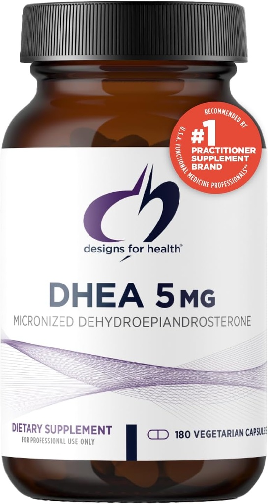 Diseños para la salud DHEA 5mg - DHEA Suplemento para Hombres + Mujeres - Suplemento para ayudar Apoyo al envejecimiento saludable, integridad muscular, energía + síntesis hormonal - No GMO (180 cápsulas)