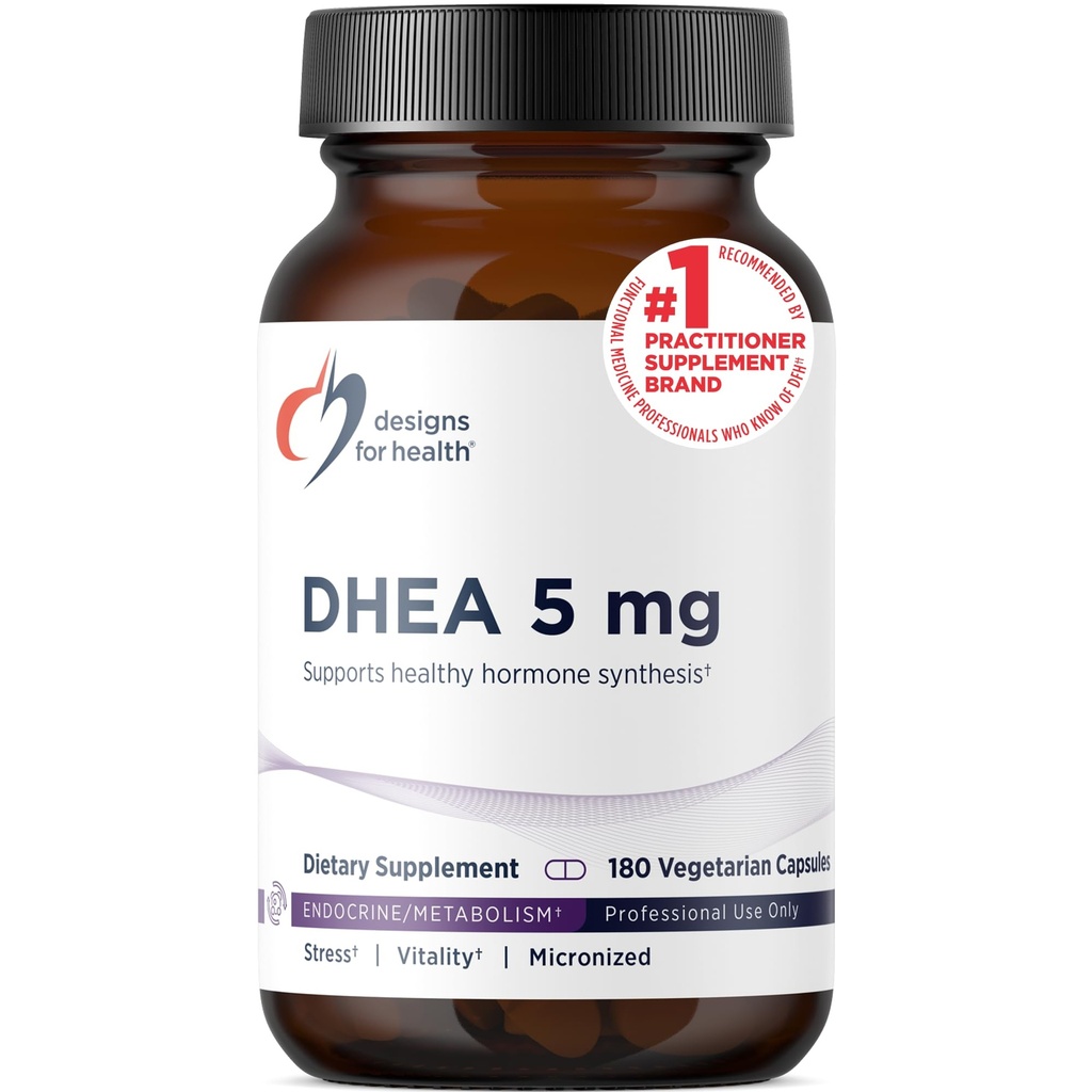 Diseños para la salud DHEA 5mg - DHEA Suplemento para Hombres + Mujeres - Suplemento para ayudar Apoyo al envejecimiento saludable, integridad muscular, energía + síntesis hormonal - No GMO (180 cápsulas)