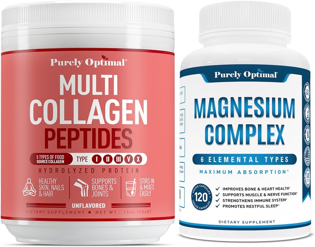 Purely Optimal Premium Multi Collagen Powder + Premium Magnesium Complex - Citrato de magnesio, malate, relajante muscular - 120 caps