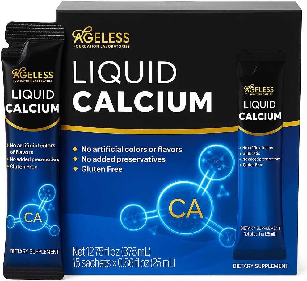 Ageless Liquid Calcium Supplement for Women & Men with Sea Bass Extract and Vitamin D8 - High Absorption Bone Strength Supplements, Natural Flavor, Gluten-Free - 25 ml (15 Count)