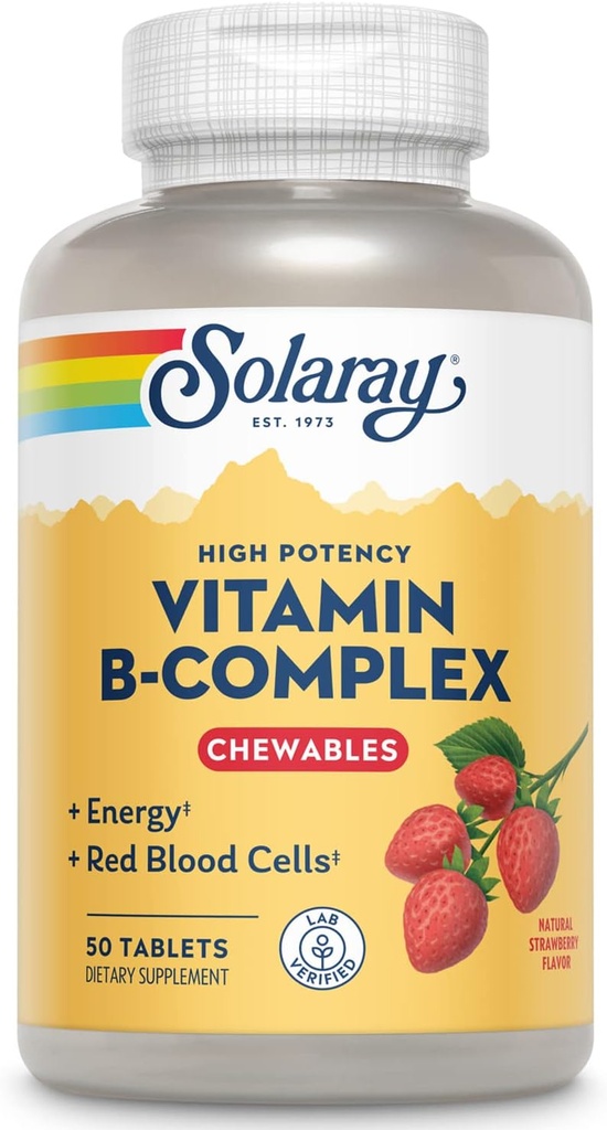 SOLARAY Vitamina B-Complex Chewables, Fresa, Energía Saludable, Celda de Sangre Roja, Estrés &amp; Metabolismo Soporte, 50 Tabletas