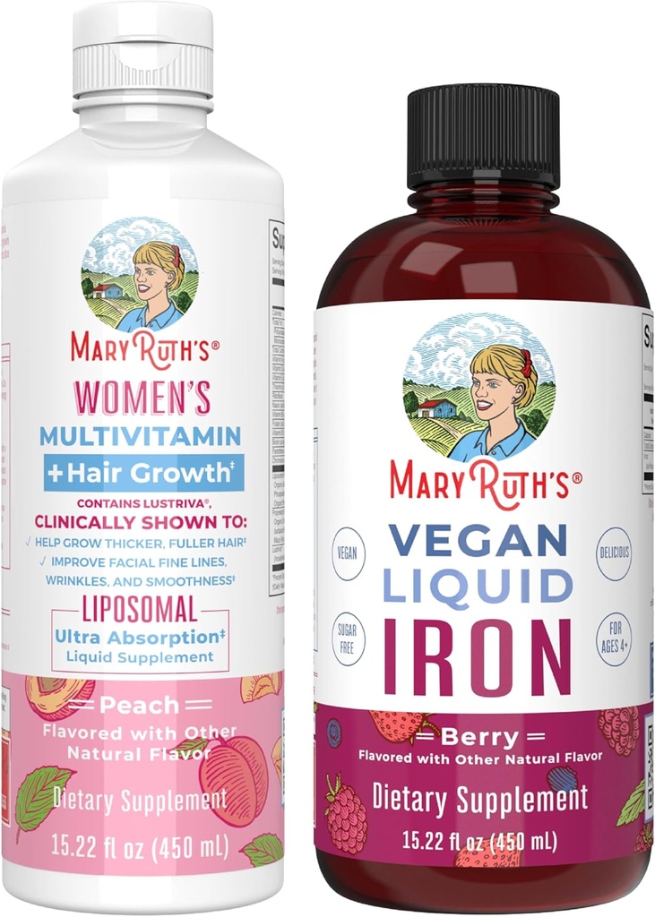 MaryRuth's Women's Multivitamin + Hair Growth Liposomal (Peach) & Iron Liquid (Berry) ← Clean Label Project Verified® tención Suplementos para la belleza, la inmunidad, " Global Health TEN Vegan, Non-GMO, Gluten-Free