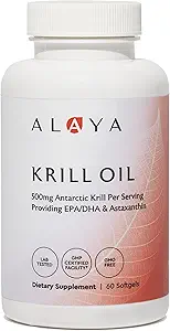 Alaya Naturals - Antártico Krill Oil 500mg Suplemento con fosfolípidos, EPA/DHA Omega 3 " Astaxanthin - Non-GMO - PCB Tested Krill Oil - 60 Softgels