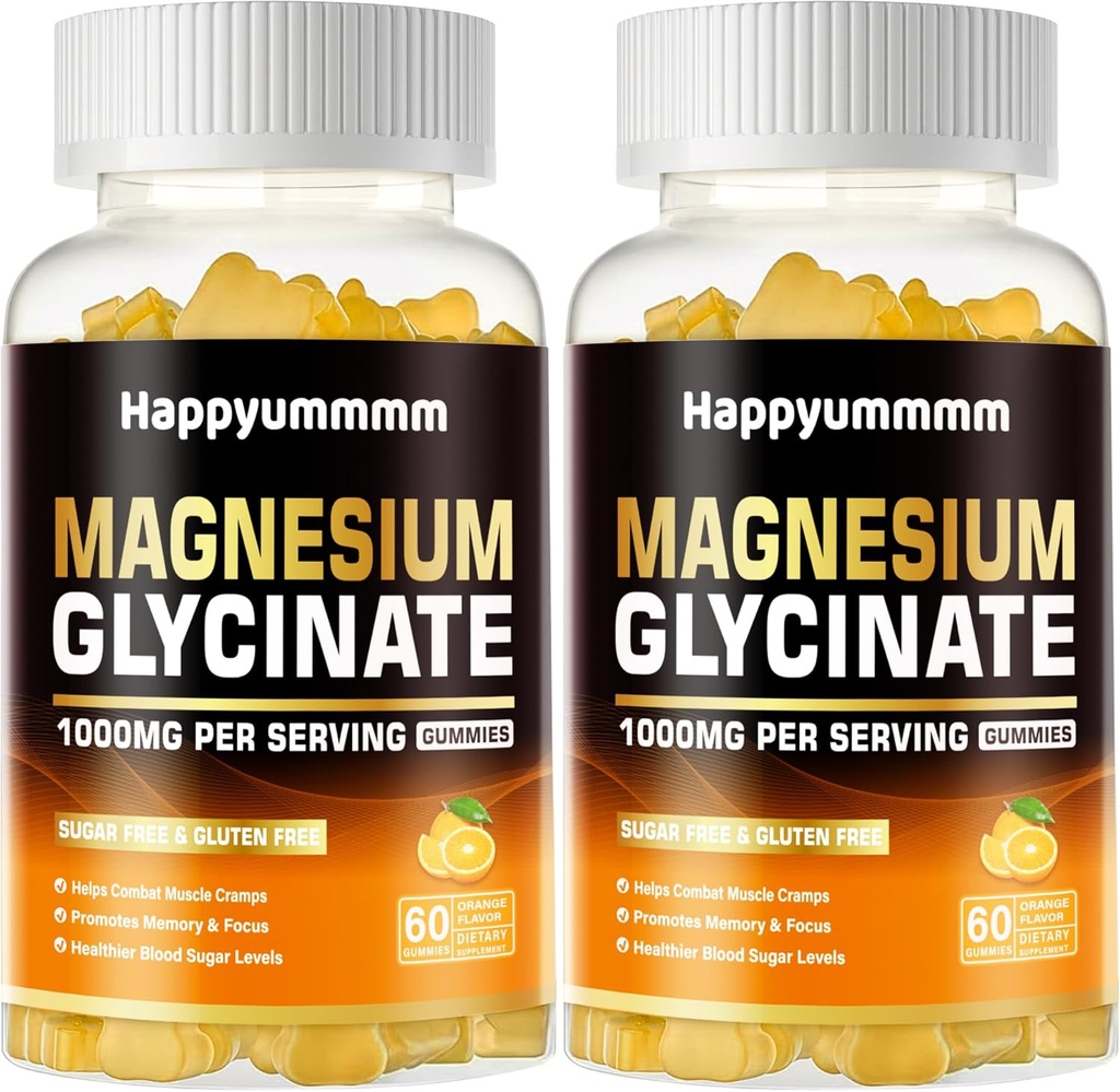 Magnesio Glycinate Gummies 1000mg - Suplemento de Potasio de Magnesio Libre de Azúcar con Vitamina D, B6, CoQ10 para calma Mood &amp; Sleep Support - 120 Orange Gummies.