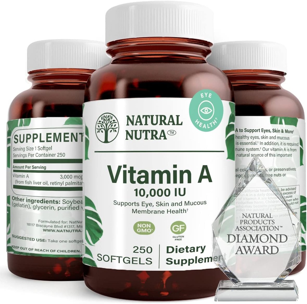 Natural Nutra Vitamin A 10,000 IU Softgels – High Potency Eye and Skin Vitamins – Gluten-Free Vitamin A Supplement for Sight & Skin Health – Fish Liver Oil for Men and Women, Gluten Free, 250 Softgels