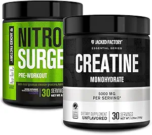 Gato Fábrica NITROSURGE Pre Workout Suplemento (Grape, 30 Servings) & Creatine Monohydrate Powder (Unflavored, 30 Servings)