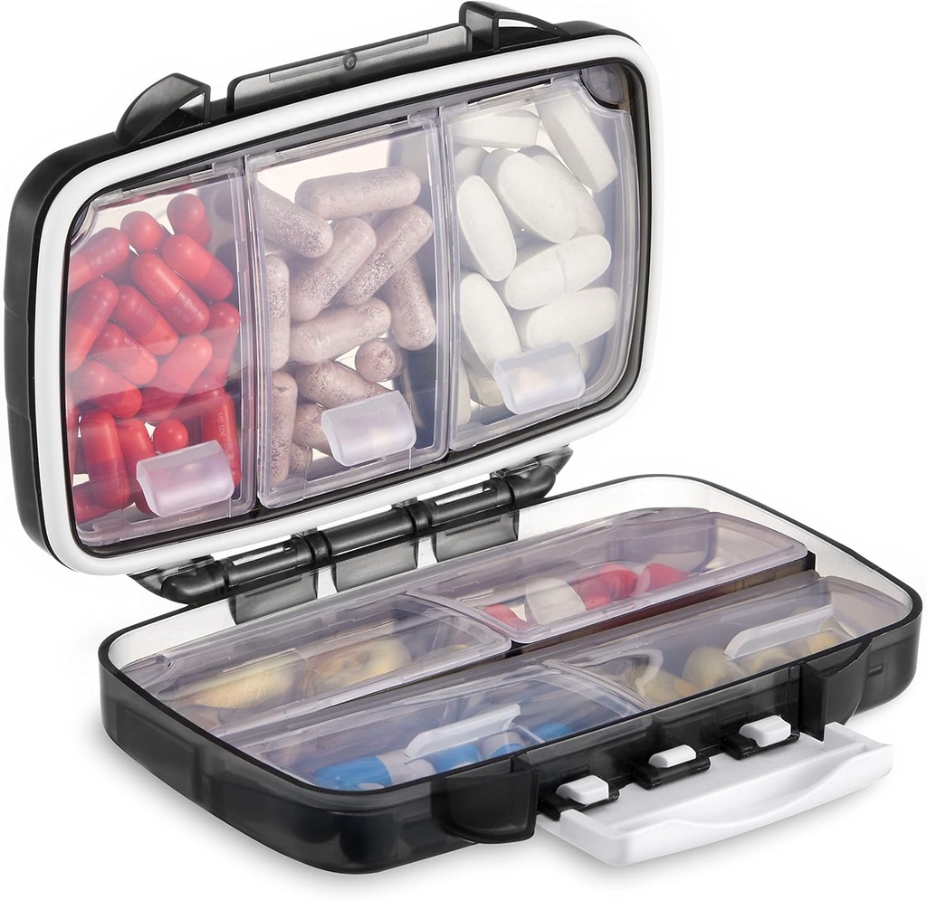 Organizador de píldoras portátiles Fullicon semanal, caja de pequeñas pilas de viaje con 7 compartimientos, caja de píldoras impermeables y herméticas, cargador de píldoras de viaje para vitaminas / aceites de frutas / suplementos