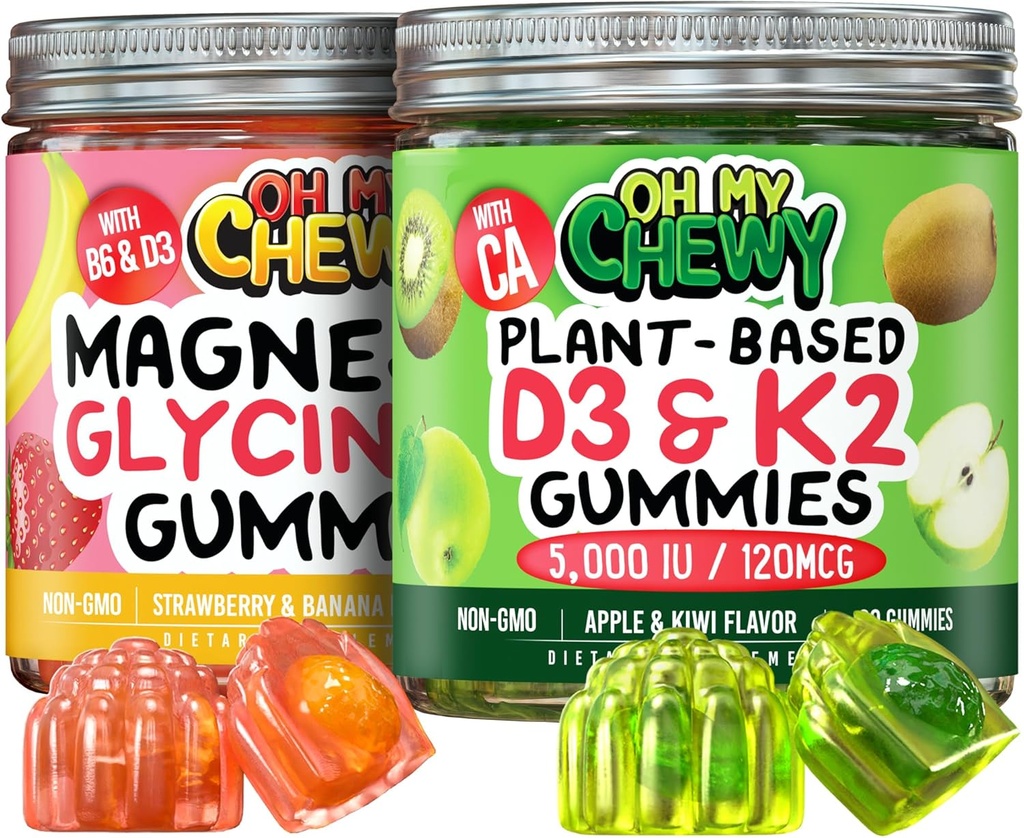 Magnesio + D3K2 Gummies Bundle – 2 Botellas (60 Cada uno) – Banana de fresa &amp; Apple Kiwi