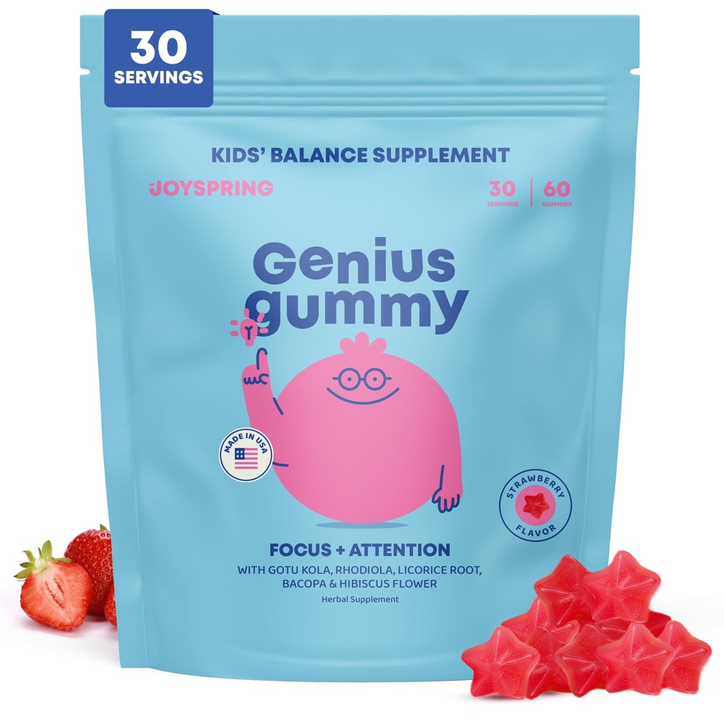 JoySpring Genius Kids Focus Gummies – Natural Herbal Brain Supplement for Kids TEN Vegan, Gluten-Free, Sugar-Free with Bacopa, Gotu Kola, Rhodiola – 60 Conde