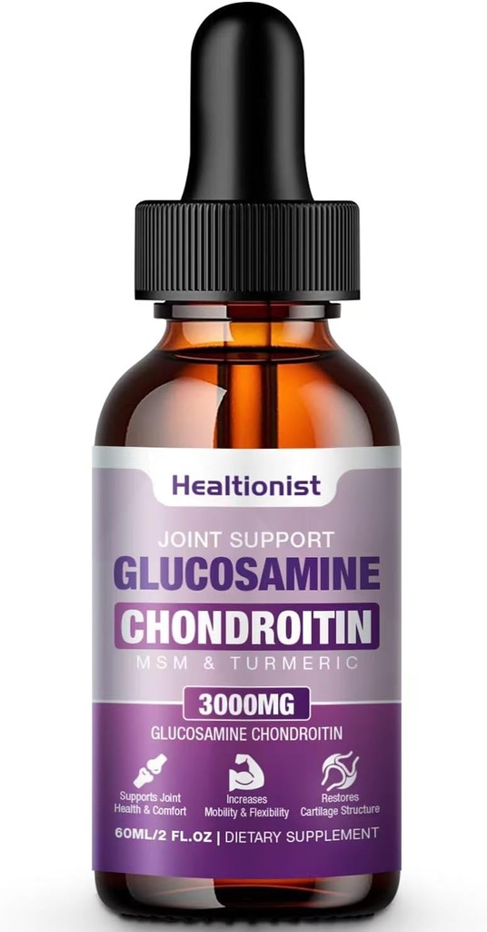 1 Pack Glucosamine Chondroitin MSM Liquid Drops, Extra Strength Joint Support Supplement for Adults Men &amp; Women, Quercetin Boswelia, Bromelain, Antioxidant Immune Support (2 Fl oz)