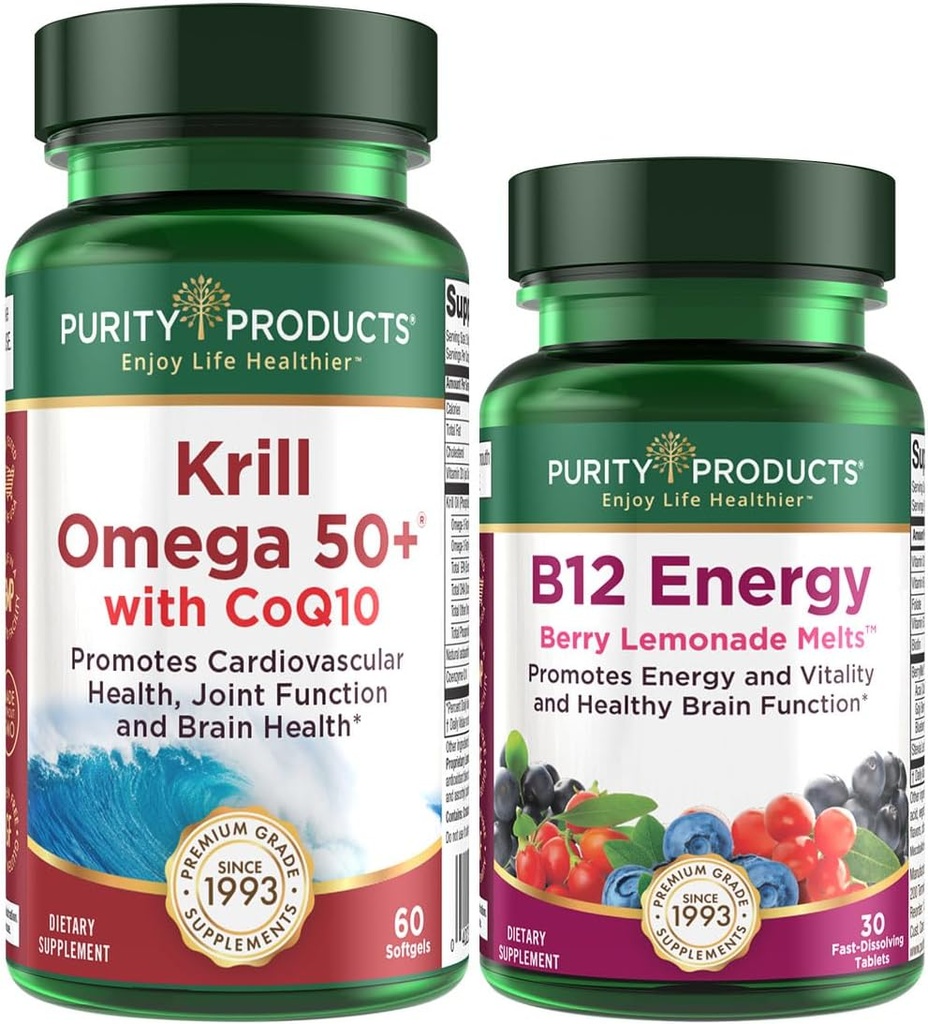 Purity Products Bundle - Krill Omega 50+ con CoQ10 + B-12 Energy Melt - Krill Omega 50+ con CoQ10 (Krill Oil, Fish Oil, CoQ10, Vitamina D) B-12 Berry Melt (Methylcobalamin B12 + B6 + D3 + Más)