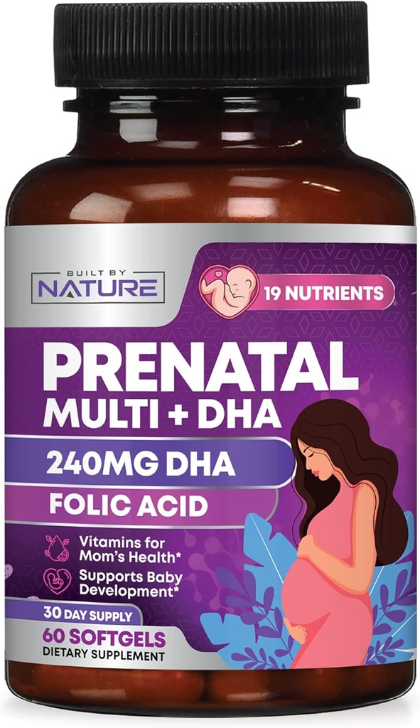 Vitaminas prenatales para Mujeres - Multivitamina con DHA, ácido fólico, vitamina C, B12, hierro &amp; Omega-3 - Antes, durante " suplemento de embarazo para el crecimiento saludable " Desarrollo cerebral - 60 Softgels