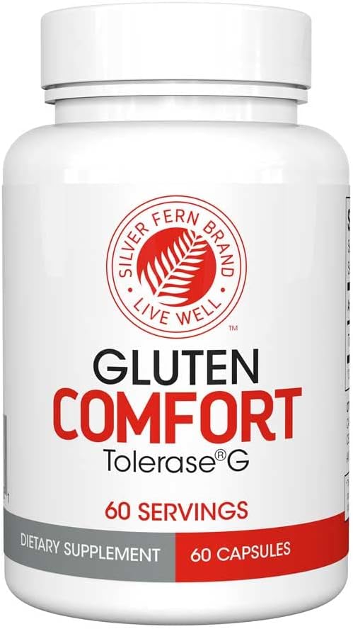 Confort de Fern de Plata con Tolerase G - 1 Botella - 60 cápsulas - Enzima Digestiva Hecho Específicamente para romper y Digest Gluten Protein